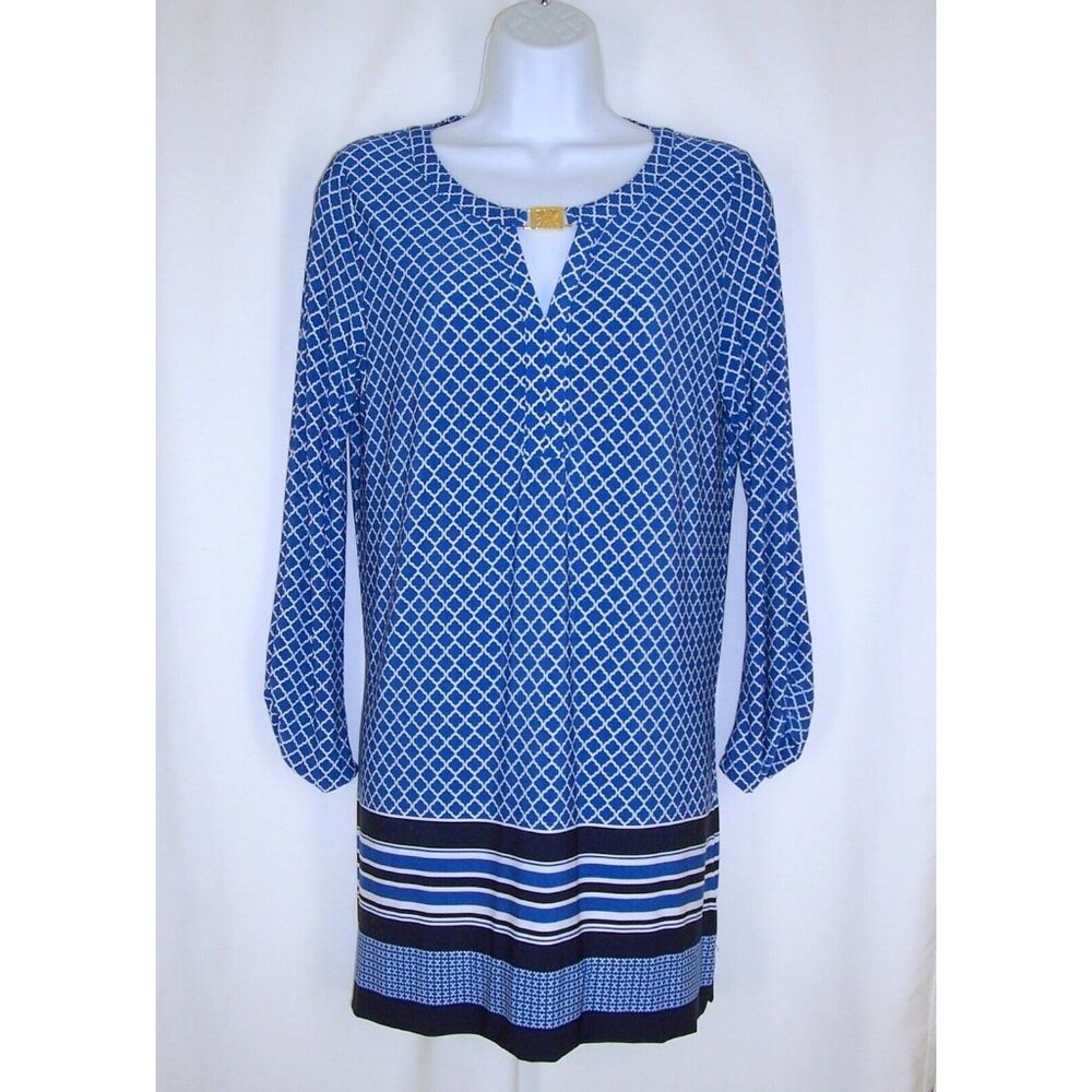 Anne Klein Blue Retro Shift Dress 4 Geometric Keyhole Neck Long Sleeve Stretch